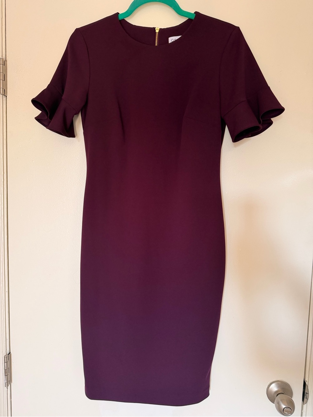 Calvin Klein Ruffle-Sleeve Sheath Dress in Deep Plum